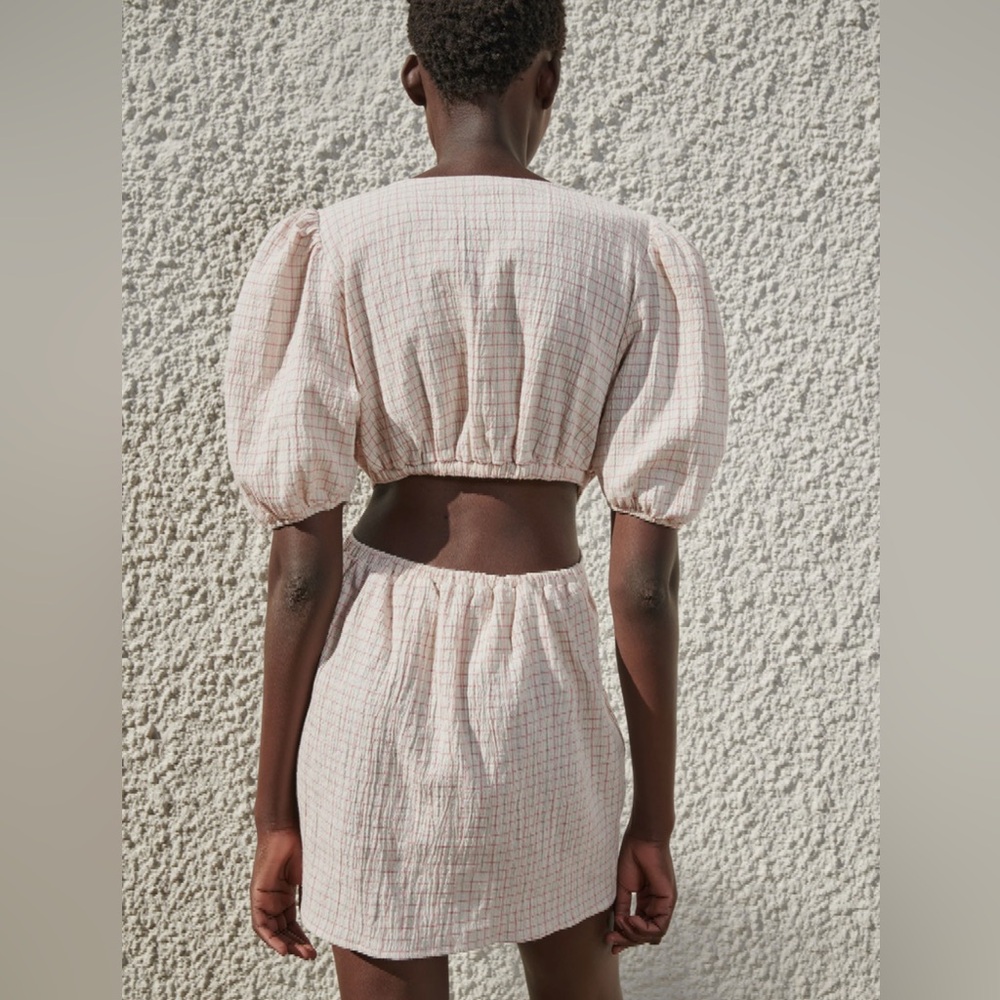 Zara NWT Size S Cotton/Linen Blend Plaid Cut Out Waist Minidress -NWT per Pics - Picture 4 of 10